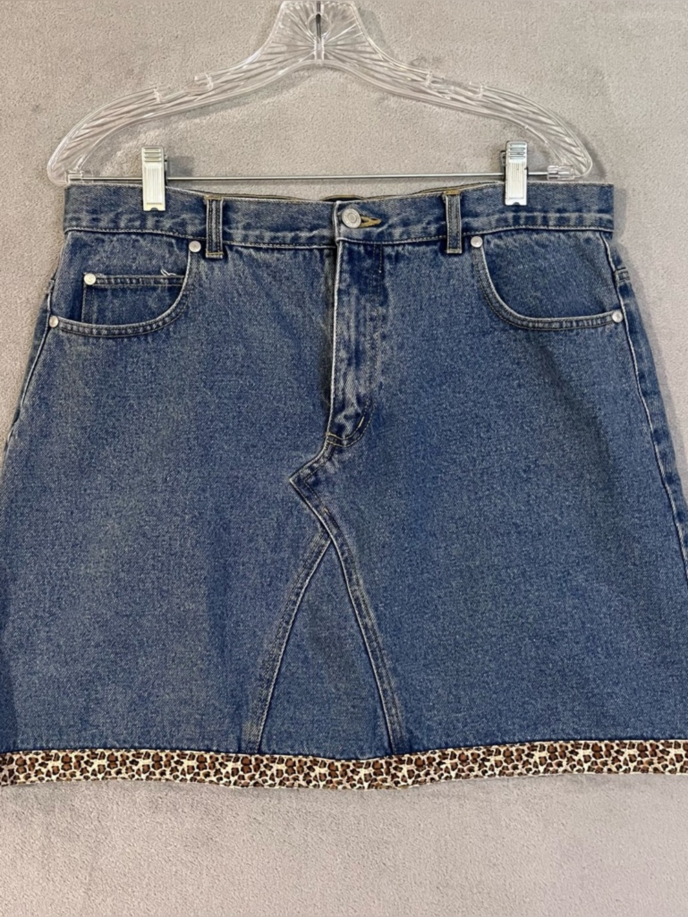 NOBO Classic Blue Denim Mini Skirt with Leopard Trim Womens Jr Sz 13 Y2K